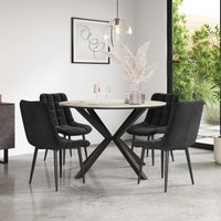 Calne Calcutta Gold Table W Blk Leg+ Nova Velvet Dining Chair Set Of 6 - Black