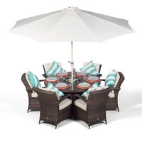 Arizona Round Rattan Patio Dining Set with Ice Bucket Drinks Cooler - Brown / 6