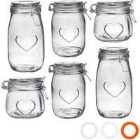 3 Sizes Heart Glass Storage Jars Pack of 6 - Clear