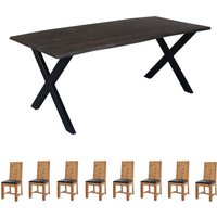 Live Edge Large Acacia Wood And Metal Dining Table Set Grey With 8 Chairs - Light Wood