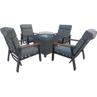 4 Seater Aluminum Patio Firepit Dining Set - Grey / 1x Fire Pit Table 4x Recliner Armchair
