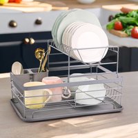 2 Tier Metal Dish Drainer with Draining Board - Silver