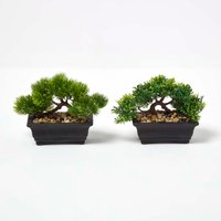 Set of 2 Artificial Bonsai Trees in Decorative Pots, 15 cm Tall - Green