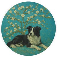Van Gogh Border Collie Textured Glass Round Trivet - Small Kitchen Chopping Board - Blue
