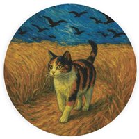 Van Gogh Wheatfield Calico Cat Textured Glass Round Trivet - Small Kitchen Chopping Board - Orange