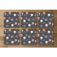 Blooming Hand Drawn Orange And White Flowers Coaster - Black