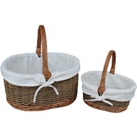 Country Oval Wicker Shopping Basket with White Lining - Green / Set of 2