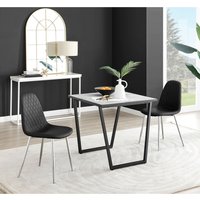 Carson White Marble Effect Square Dining Table and 2 Corona Silver Chairs - Black