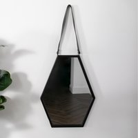 Hexagon Black Metal Mirror with Leather Strap - Black
