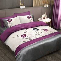 Luxury Floral Embellished Duvet Cover and Pillowcase Set - Grey Purple / Single