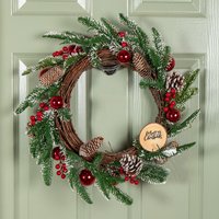 Christmas Pinecone Wreath with Red Berries and Baubles - Red