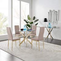 Novara 100cm Gold Round Dining Table and 4 Gold Leg Milan Chairs - Cappuccino