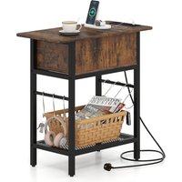Slim Side Table With Charging Station - Brown