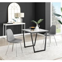 Carson White Marble Effect Square Dining Table and 2 Corona Silver Chairs - Grey