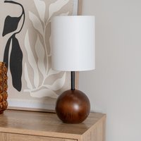 Brandon Dark Wood Ball Table Lamp with Linen Lampshade and LED Bulb - White