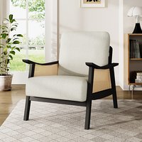 Plush Upholstered Wood Armchair with Rattan - White