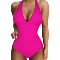 Solid Colour Halter Neck Swimsuit - Rose / L