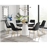 FurnitureboxUK, Palma White Marble Effect Round Dining Table Pesaro Gold Leg Chairs - Black / Dining Table & 6 Chairs FurnitureboxUK, Palma White Marble Effect Round Dining Table Pesaro Gold Leg Chairs - Black / Dining Table & 6 Chairs