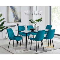 Pisa Black Leg Glass Dining Table with 6 Pesaro Black Leg Chairs - Blue