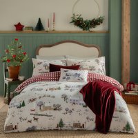 Cotswolds Christmas Printed Reversible Duvet Cover Set Double - Cream/Burgundy
