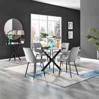 Novara Black Leg Round Glass Dining Table With 4 Pesaro Black Leg Chairs - Grey