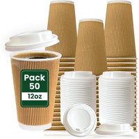 Disposable Paper Coffee Cups with White Lids Takeaway Cups - Brown / 50 / 355ml