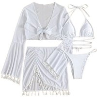 4-Piece Floral Tassel Lace-Up Bikini Set - White / M