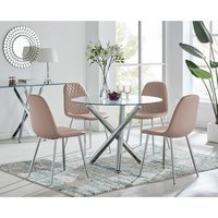 Selina Round Dining Table With Four Corona Silver Leg Chairs - Cappuccino