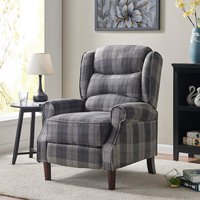 James Tartan Recliner Chair High Backrest Winged Scroll Armrests Wooden Feet Man - Grey Tartan