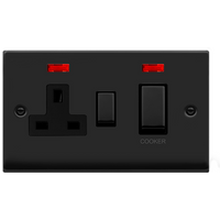 Matt Black Cooker Control Ingot 45A With 13A Switched Plug Socket 2 Neons - Matt Black