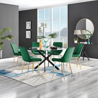 Novara Black Leg 120cm Round Glass Dining Table Pesaro Gold Leg Chairs - Green / Dining Table and 6 Chairs