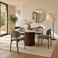 Penrose Round Cream Marble Effect Dining Table 4 Mirelle Chairs - Dark Grey