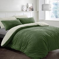 Plush Cord Olive With Teddy Cosy Soft Fleece Reverse Duvet Set - Olive / 1 Duvet Cover & 1 Pillowcase / Single