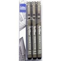 Artline Drawing System Fine Tip Pens Pack of 3 V1 - BLACK