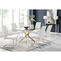 FurnitureboxUK, Leonardo Gold Dining Table With Six Lorenzo Chairs - White FurnitureboxUK, Leonardo Gold Dining Table With Six Lorenzo Chairs - White