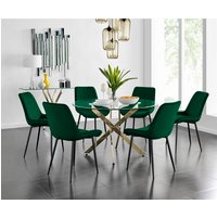 Novara Gold Round Dining Table With Six Pesaro Black Leg Chairs - Green