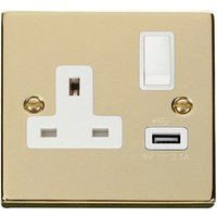 Polished Brass 1 Gang 13A DP 1 USB Switched Plug Socket - White