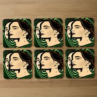 Portrait of woman Designer Coaster Set - Green