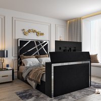 Rayleigh Upholstered Soft Velvet Tv Bed Frame - Naple Fabric - Beige / Single