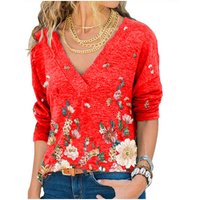 V-Neck Drop Shoulder Flower Print Long Sleeved Top - Red / 120cm / 71cm