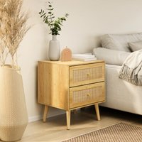 Sienna 2 Drawer Bedside Table with Rattan Drawers for Bedroom - Brown / MDF, Rattan, Melamine, Metal, Nickel, Rubberwood