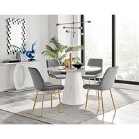 Palma White Marble Effect Round Dining Table Pesaro Gold Leg Chairs - Grey / Velvet