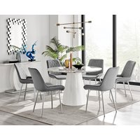 FurnitureboxUK, Palma White Marble Effect Round Dining Table Pesaro Silver Chairs - Grey / Dining Table & 6 Chairs FurnitureboxUK, Palma White Marble Effect Round Dining Table Pesaro Silver Chairs - Grey / Dining Table & 6 Chairs