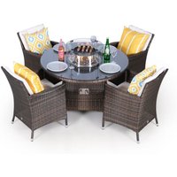 Savannah Fire Pit Round Rattan Patio Dining Set - Brown / 4