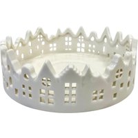 Four Candle White Glazed Ceramic Candle Tray with Silhouette Houses Design