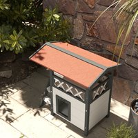 Cat House with Balcony Stairs Roof - White