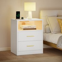 LED End Table USB Charging Drawers White - white