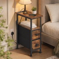 Set of 2 slim led nightstands with charging station and two drawers - Brown