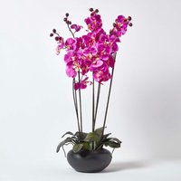 Homescapes Large Oriental Style Orchids in Black Bowl - Purple