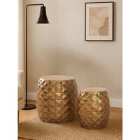 Reza Set of 2 Antique Gold Finish Textured Stools and Tables - Gold